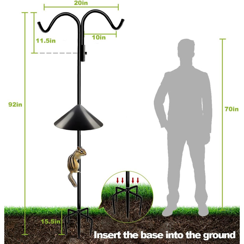 Support double crochet de berger de 234 cm (92 po), mangeoire à oiseaux extérieure réglable pour nichoir, jardinière, lanterne solaire, noir, 1 pièce