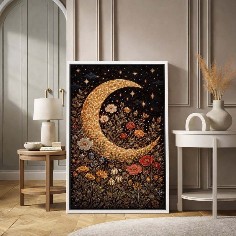 Croissant doré, lune, ciel nocturne, œuvres d'art, impression sur toile, H 24 po x l 16 po x P 1,5 po, Cadre blanc