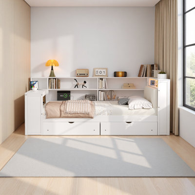 Wood Full Size Platform Bed With Storage Shelves, Drawers, Charging Station, LED, Desk And Upholstered Headboard