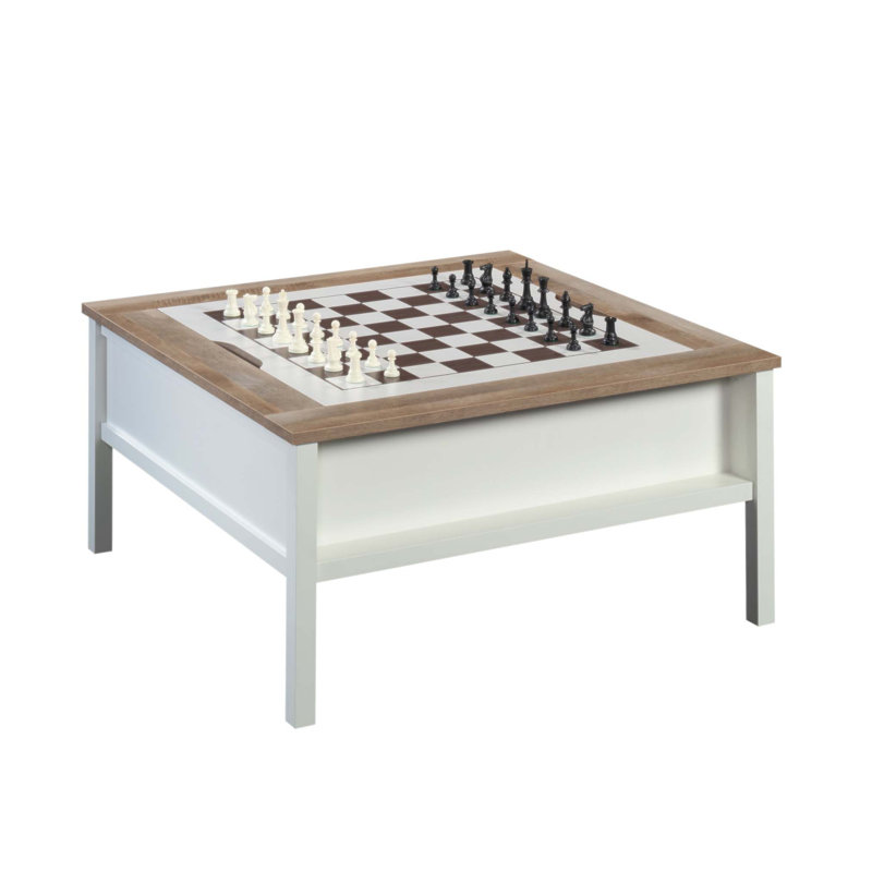 Table basse multifonctionnelle avec rangement caché, finition blanche durable et décorations en chêne pour les espaces de vie modernes.