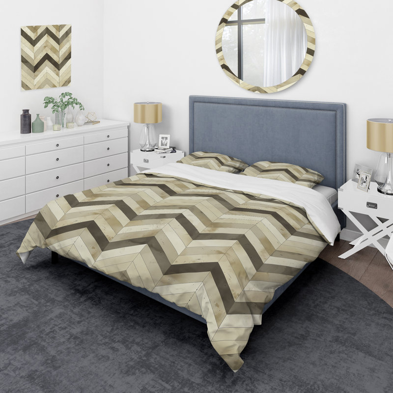 Ensemble de housse de couette Beige Green Chevron Print III - Modern, Housse de couette pour grand lit + 2 taies décora