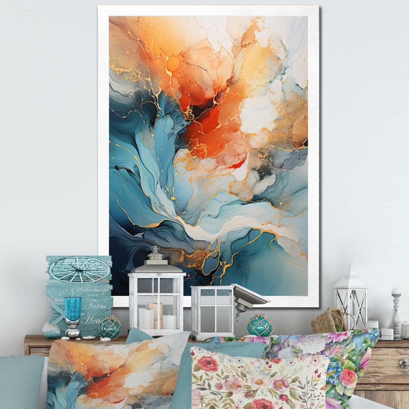 Teal Orange Bold Abstract Flow Collage II - Dams, impressions encadrées, H 20 po x l 12 po, Cadre photo unique, Blanc