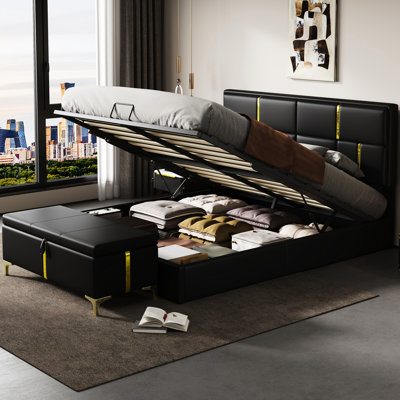 Ensemble de chambre 2 pièces, lit plateforme Queen rembourré avec rangement, noir, configuration gain de place, revêtement respirant, sommier hydraulique pour le linge de maison, ensemble avec garnitures dorées