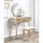 Wood Vanity And Matching Stool, Purple - Contemporary Look With Round Mirror, 15.75"D Table Top, Space Design Dressing Stool Modern Style, 17.52"H 32.94"W X 16.7"D 53.8"H Overall Dimension-52236313
