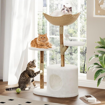 Tour à chat moderne en bois pour grands chats | Luxueux condo en bois de poirier massif avec plateformes, poteaux à griffer et tapis toutes saisons, meubles esthétiques pour chat de 43 po