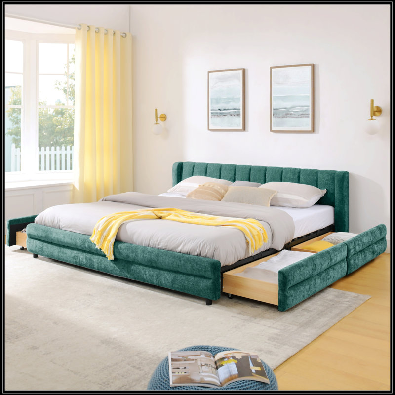 Très grande base de lit tapissier avec tissu chenille épais, tête de lit confortable et tiroir de rangement pour les chambres modernes