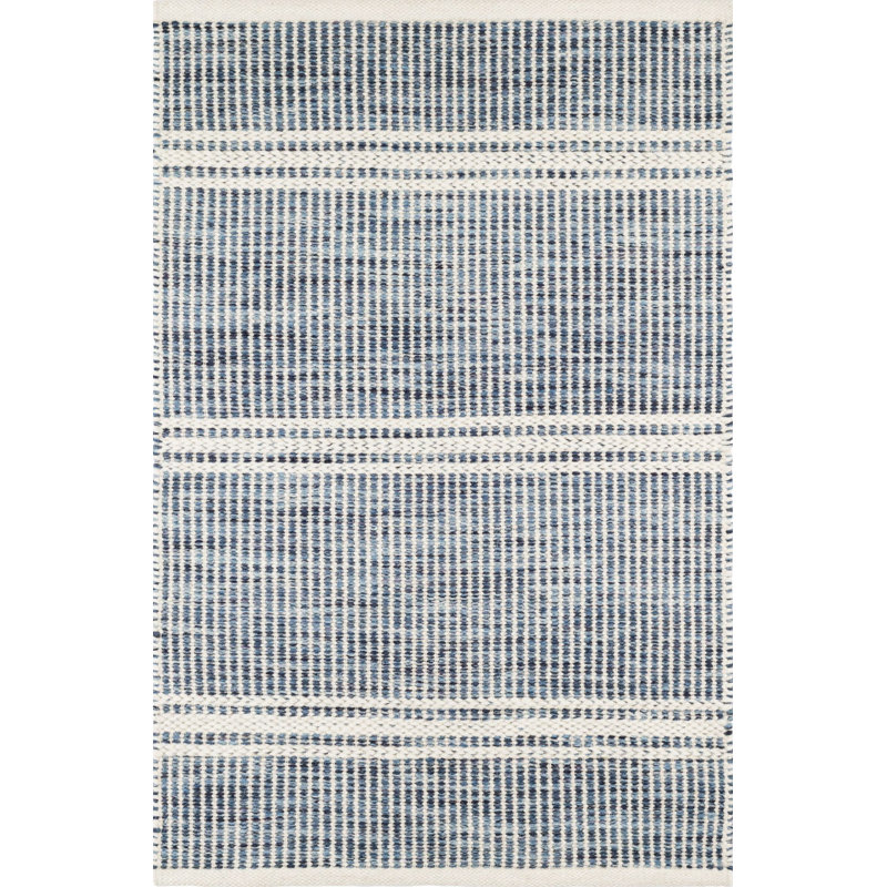 Malta handwoven area rug in blue and off-white with a textured, striped pattern.