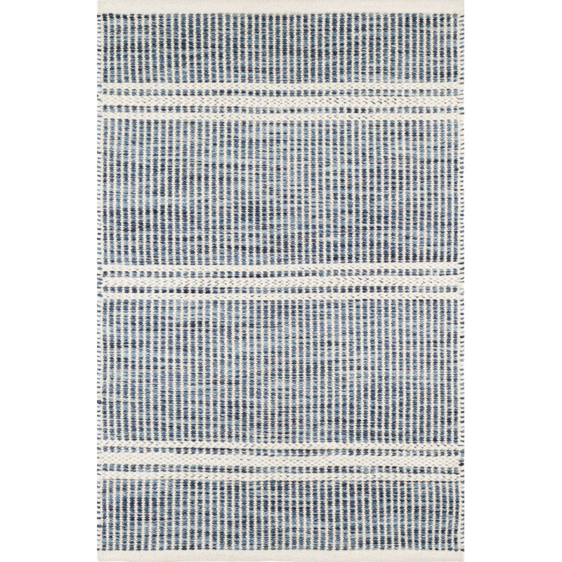 Tapis gris / ivoire à rayures fabriqué à la main Malta, Rectangle de 5 pi x 8 pi, Bleu