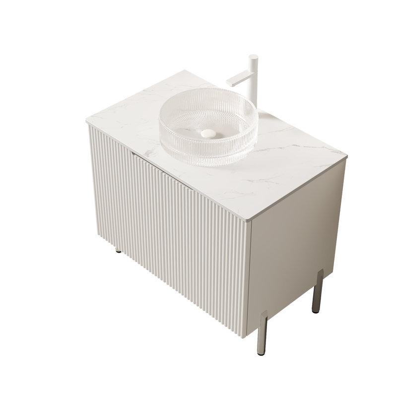 Meuble-lavabo moderne avec rangement, armoire en MDF durable et lavabo en verre pour la salle de bain