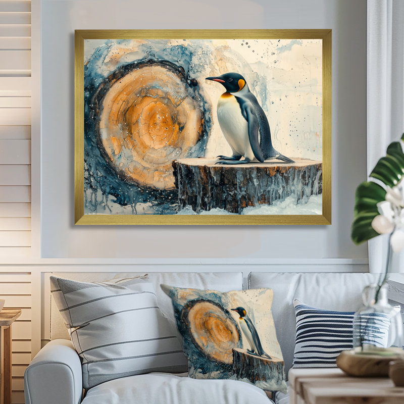 «Grane pingouin dans un paysage d'hiver», art mural pingouin, H 30 po x l 40 po, Reproduction encadrée, Doré