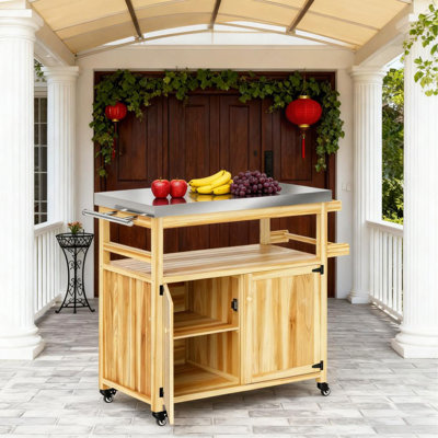 Îlot de cuisine en bois massif avec chariot en acier inoxydable, roulettes et armoires de rangement