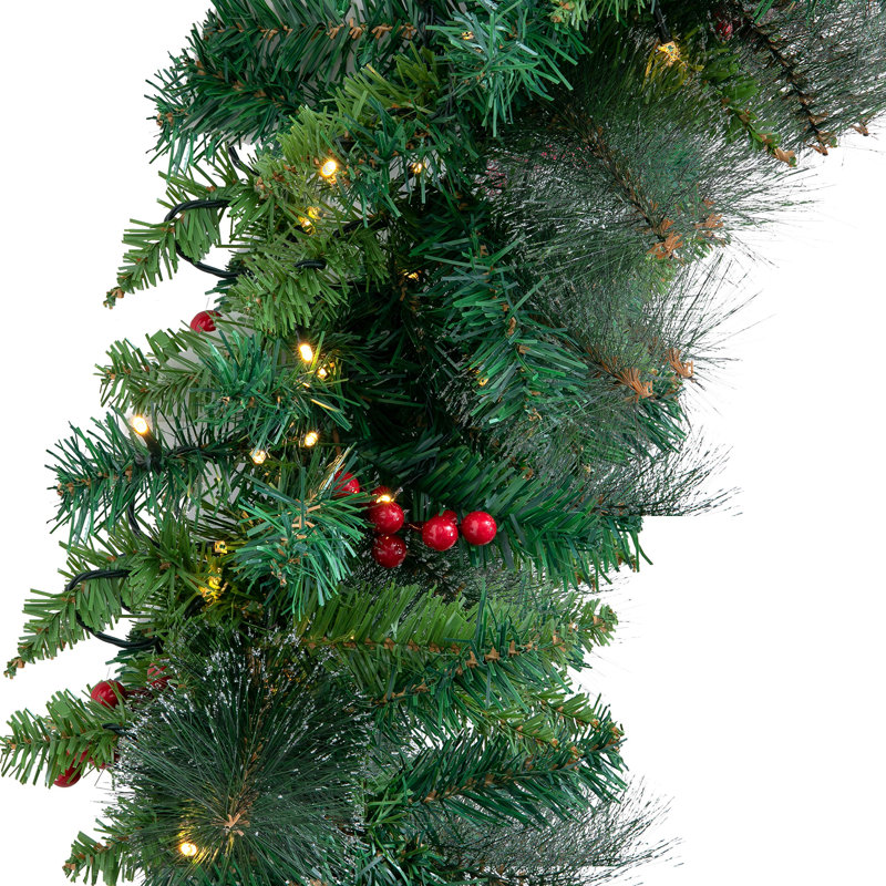 Guirlande de Noël 9 pi avec 100 lumières blanches chaudes et baies rouges