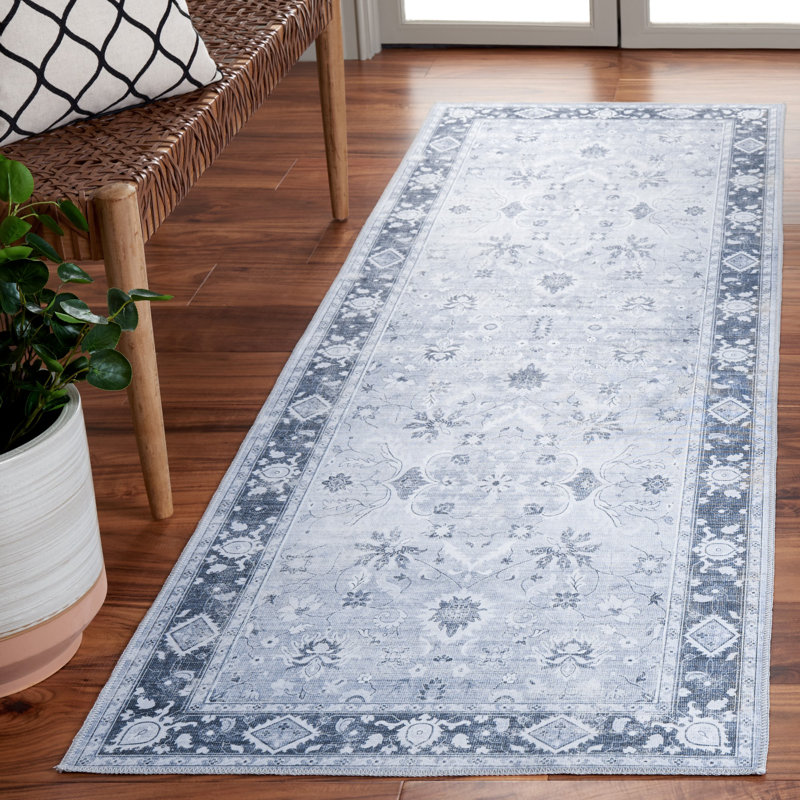 Arizona Bohemian Machine Washable Non-Slip Area Rug in Blue/Gray, Runner 76 x 244cm
