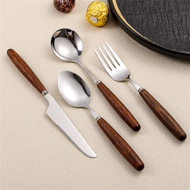 Ensemble de couverts 4 pièces en acier inoxydable avec couteaux à steak style rustique noyer rustique