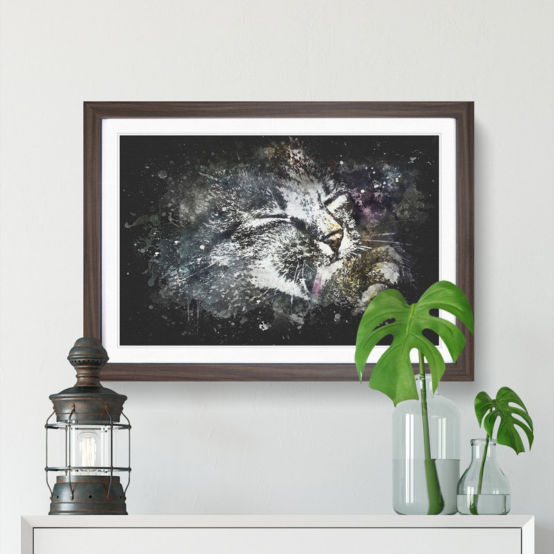 Cat Licking its Paw - Framed Print, 45cm H x 63cm W x 2cm D, Walnut Framed