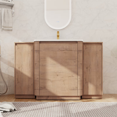 52" Single Freestanding Bathroom Vanity with Ceramic Basin Sink Top, Floor Standing Bathroom Vanity with 4 Doors and 3 Adjustable Shelves