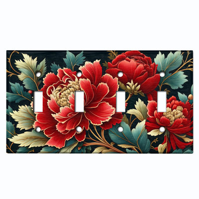 Couvercle de plaque d'interrupteur en métal; Bascule à 4 bandes US standard - Fleur de pivoine élégante