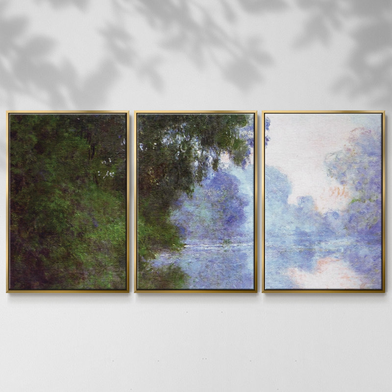 Misty Morning on the Seine, Fog Effect, 1897 - 3 pièces, reproduction sur cadre flottant sur toile, Or