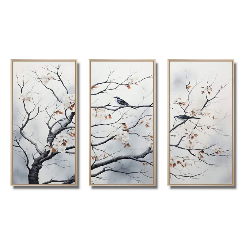 Gris gris, printemps, arbres, oiseaux, art mural, H 28 po x l 36 po x P 1 po, Cadre flottant brun