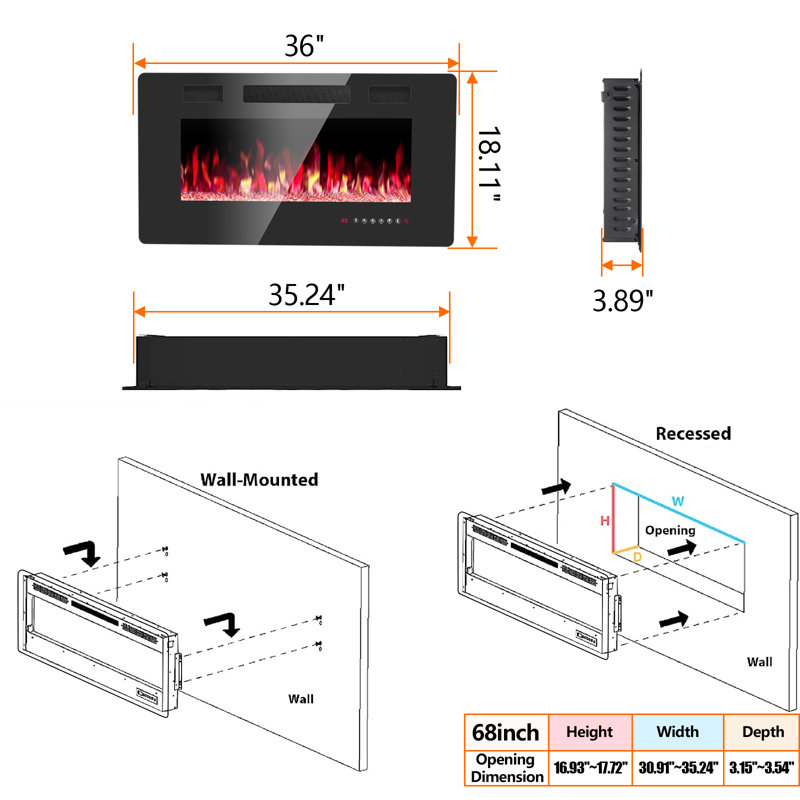 Recessed and Wall Mounted Electric Fireplace with Adjustable Flame Brightness & Speed, Multicolor