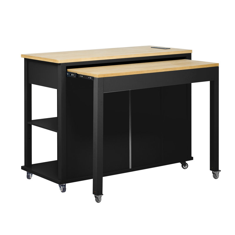 Îlot de cuisine 47 pouces avec table de salle à manger extensible, Noir