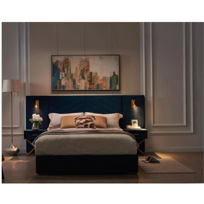 King Size Velvet Bed Frame/Vertical Channel Tufted Wingback Headboard/Upholstered Platform Bed/Strong Wooden Slats/No Box Spring Needed/Easy AssemblyRoyal blue