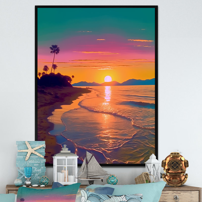 Coucher de soleil sur la côte, sérénité - art mural plage, Cadre flottant noir, H 44 po x l 34 po x P 1,5 po