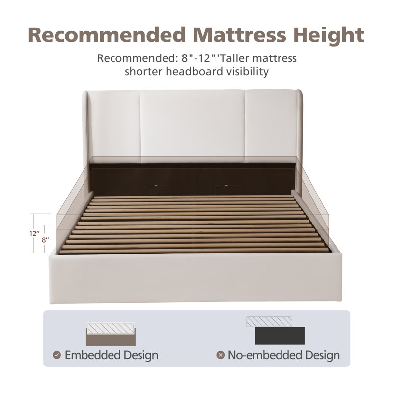 Juanetta Hydraulic Lift Up Storage Wingback Upholstered Platform Bed, Queen, White