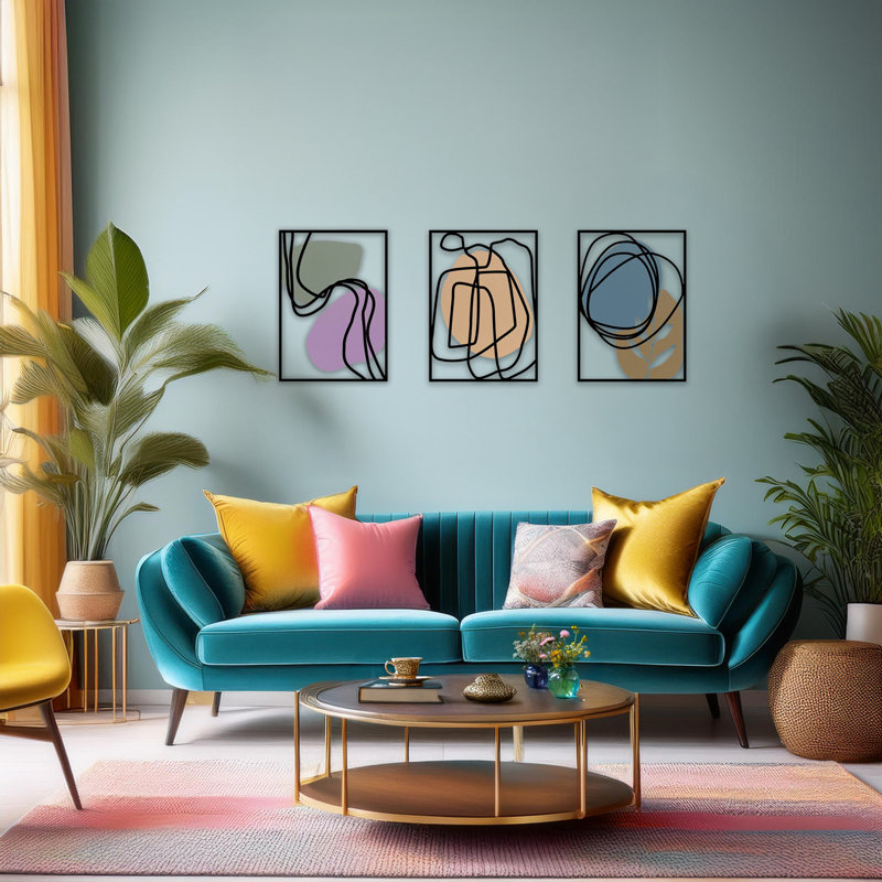 3 Pieces Rectangle Metal & Wood Abstract Wall Décor