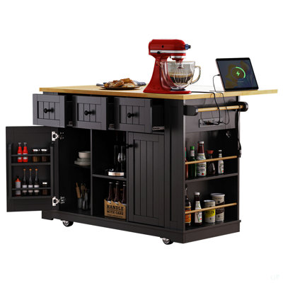 53Inch Large Kitchen Island With Drop Leaf,Power Outlet,Door Internal Storage Rack,Rolling Kitchen Cart On 5 Wheels With 5 Open Side Racks For Kitchen,Black(Two Packages)(Stools Not Included)