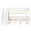 Lit superposé double au-dessus de grand lit double avec escalier de rangement, bibliothèque à DEL, garde-corps pleine longueur, structure en bois massif, gris-1214730252