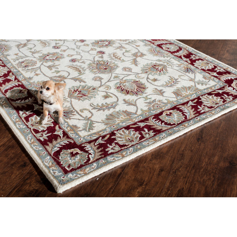 Handmade Ivory Burgundy Wool Oriental Area Rug, 5' x 8'