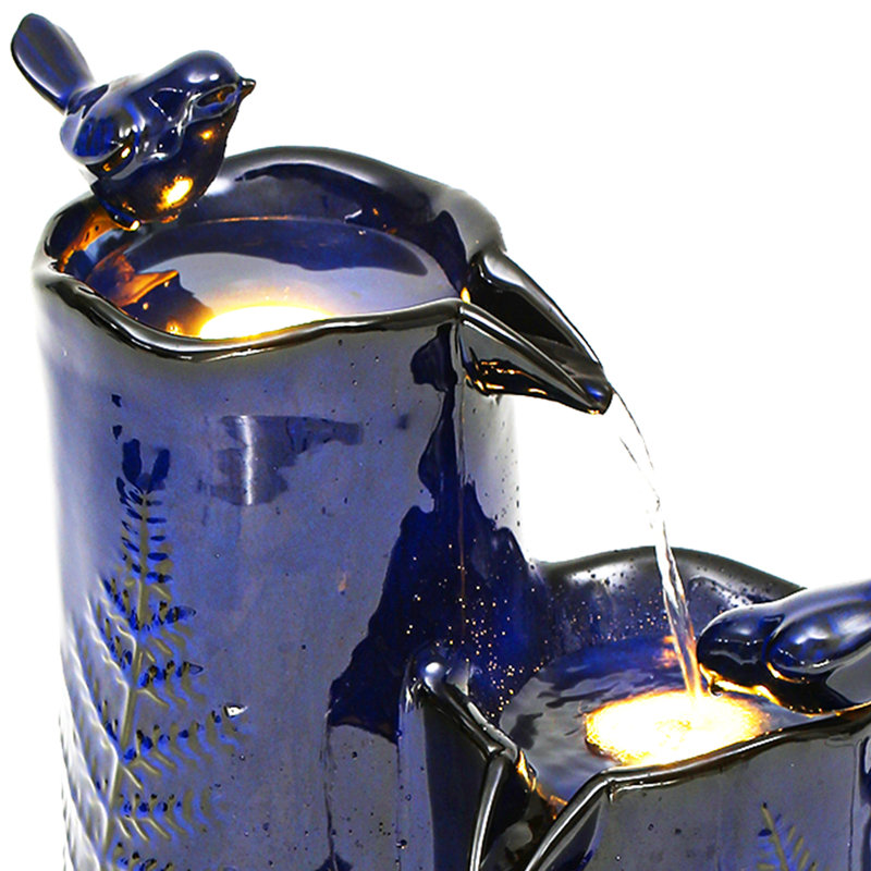 32"H 4-Tier Vase Ceramic Outdoor Fountain with LED Light, Bleu cobalt