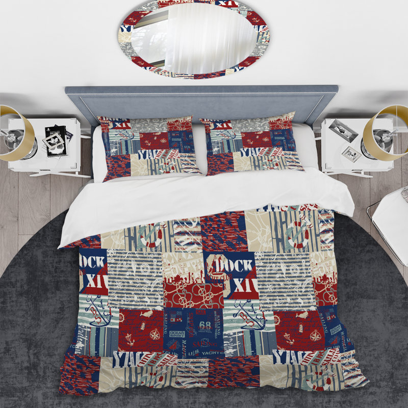 Red and Blue Patchwork - Abstract Duvet Cover Set - Microfiber Polyester, King Duvet Cover + 2 King Shams