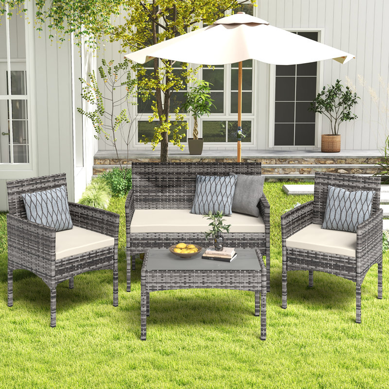 4 PCS Outdoor Seating Group with Cushions for 4 Person, Gray/Khaki