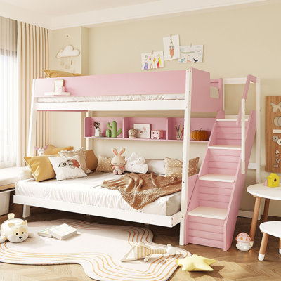 Full XL over Queen  Bunk Bed with Striped-Design Staircase and Side Shelves