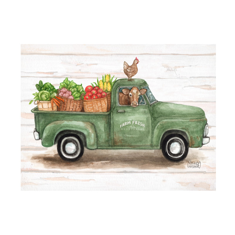 Art sur toile ,ologia bolologia, vieille ferme verte, camion avec animaux, H 35 po x l 47 po