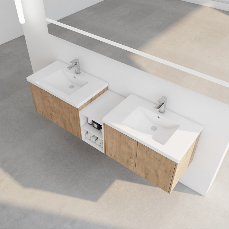 Meuble-lavabo 72 po à fermeture en douceur avec lavabo, petites tablettes de rangement, armoire combinée 30 po et 12 po