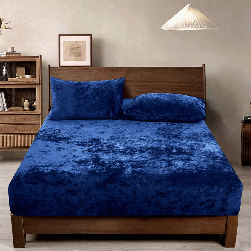 Luxury Velvet Queen Fitted Sheet - Super Soft Cozy Bottom Sheet with Deep Pocket - Fall Winter Spring Bedding - Navy Blue - 1 Pack
