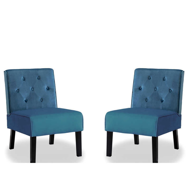 Fauteuil sans accoudoirs en velours bleu avec capitonnage à boutons et coussin en mousse, idéal pour le salon, la chambre à coucher et l'espace de bureau