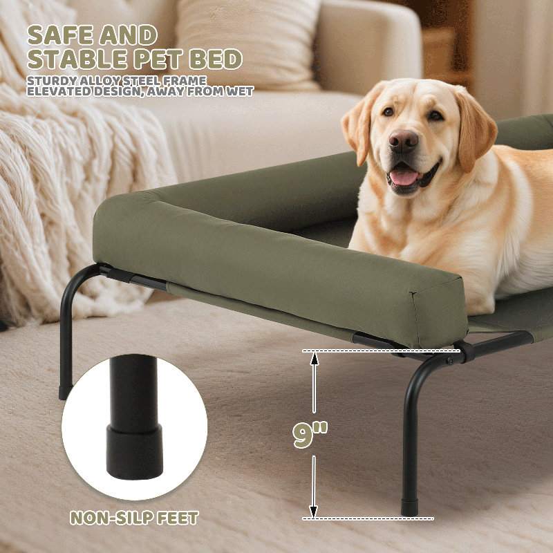 Portable Elevated Pet Bed Dog Cot Bed With Removable Bolster, Extra Small (35.5" W x 25.5" D x 7.5" H), Dark Green