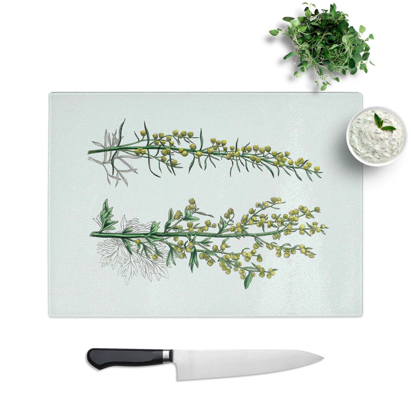 Tempered Glass Mugwort Flowers Illustration Chopping Board, 28.5 cm W x 20 cm L