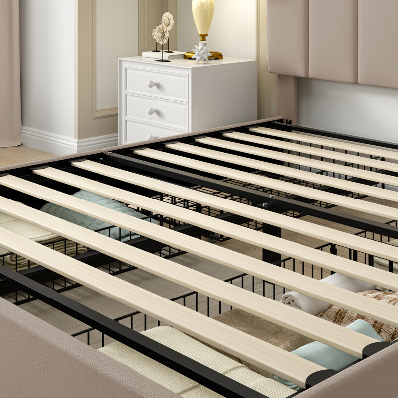 Beige Upholstered Platform Storage Full Size Bed Frame with Adjustable Headboard, 4 Storage Drawers, Type-C & USB Charging Ports, Noise-Free Wood & Metal Structure, No Box Spring Needed