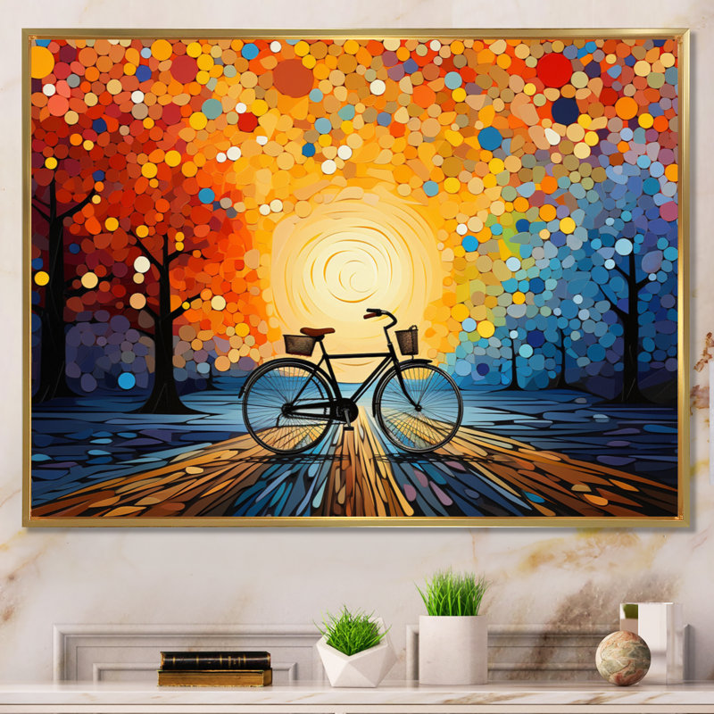 Vélo pédales harmonieuses pointillisme I - Transport, impressions sur toile, H 16 po x l 32 po x P 1 po, Cadre flottant doré