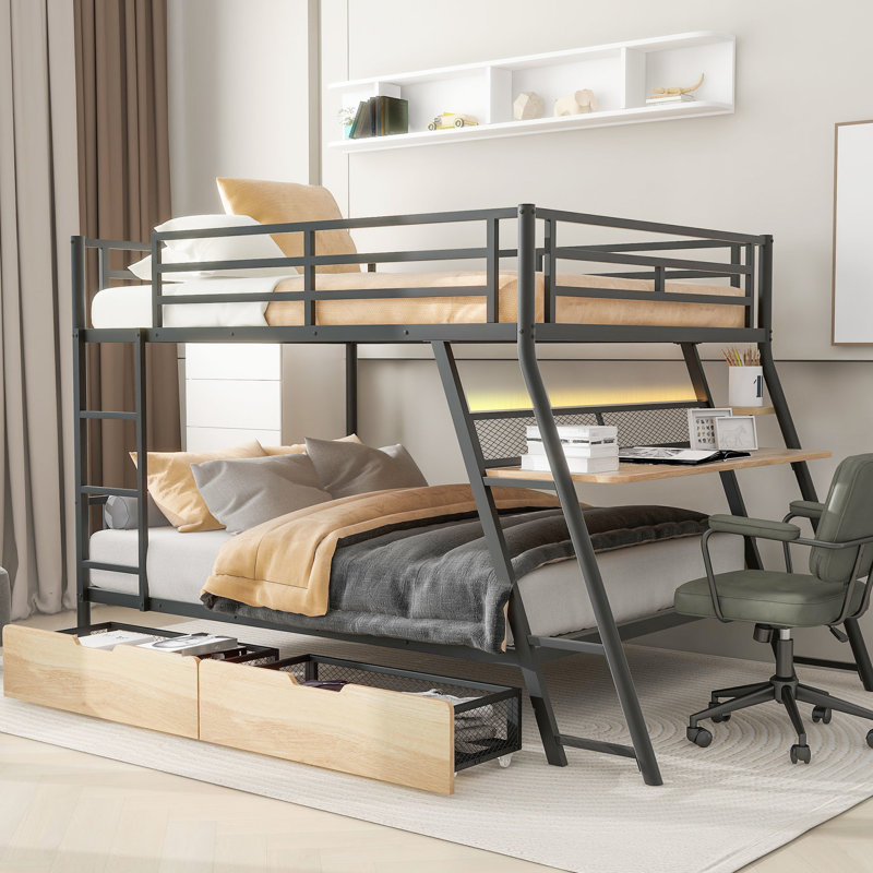 Lit superposé double en métal avec bureau intégré et 2 tiroirs utiles - noir pour la chambre à coucher