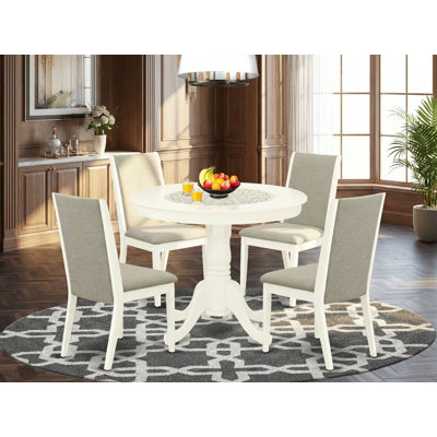 5 Piece Dining Room Furniture Set Includes a Round Kitchen Table with Pedestal and 4 Shitake Linen Fabric Parsons Dining Chairs, 36x36 Inch, Linen White
