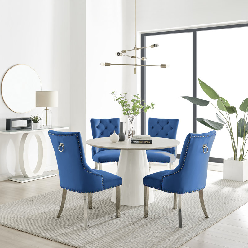 Edward Statement Pedestal Dining Table Set with 4 Luxury Velvet Upholstered Dining Chairs, Green, Beige Stone Effect