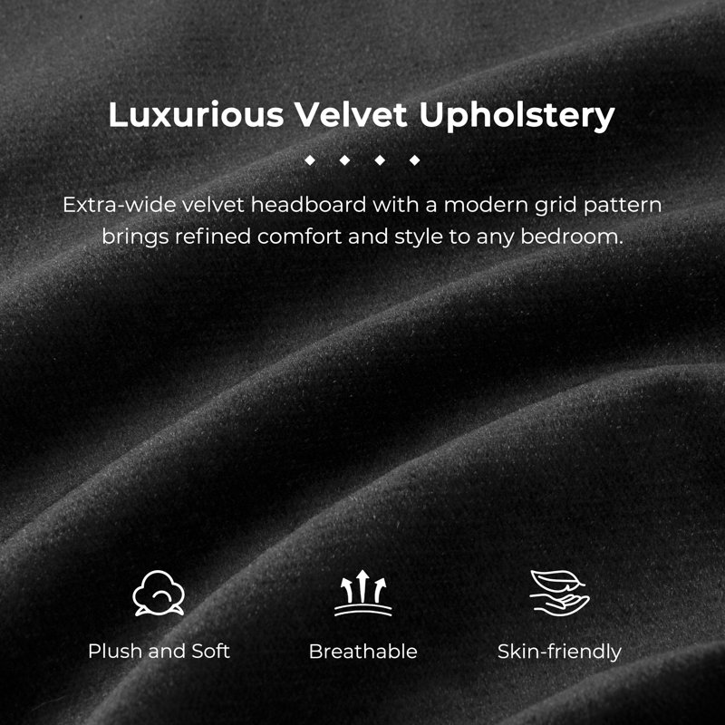 Velvet Upholstered Platform Bed With Metal-Framed Headboard, Dual Wall Lamps And Bedside Tables, No Box Spring Needed, Black