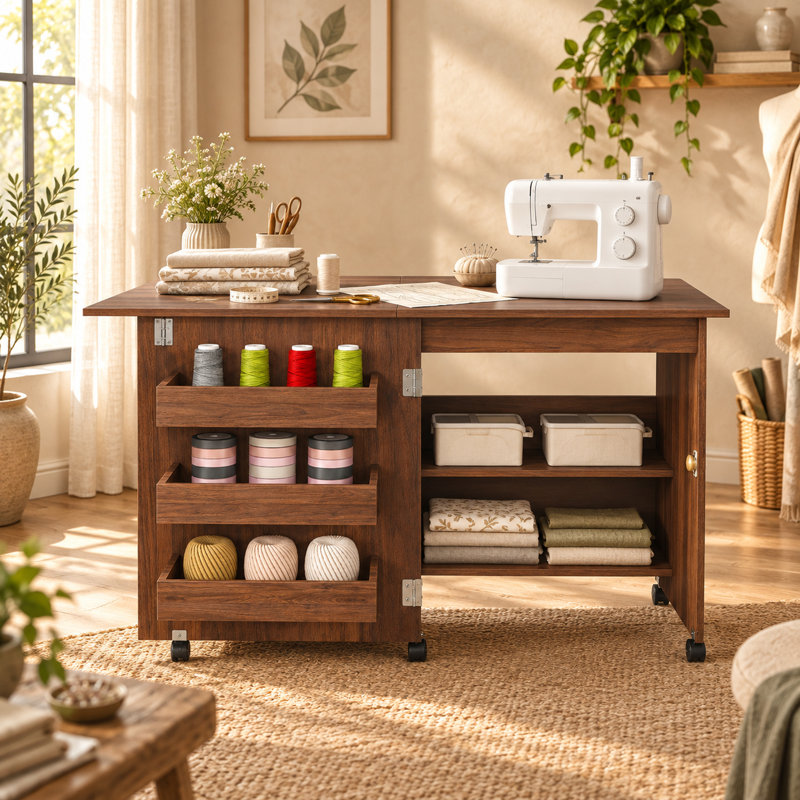 Table de couture pliante AltaTrace 5 en 1 avec rangement et roulettes verrouillables, poste de travail pour loisirs créatifs, bureau d'ordinateur, table d'appoint et meuble de rangement de cuisine, aspect noyer brun