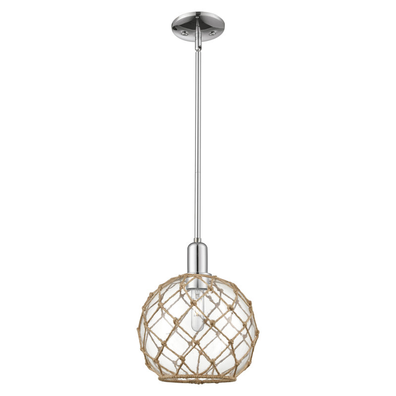 Arcadia - 1 Light 10" Stem Hung Mini Pendant, Polished Chrome, 12.63" H x 10" W x 10" D, White Glass With Brown Rope